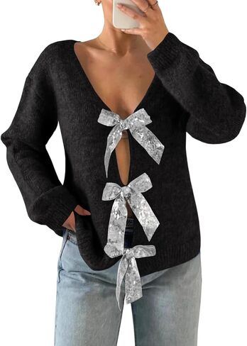 Saodimallsu Womens V Neck Long Sleeve Sweater Fall Trendy Sequin Bow Cropped Sexy Loose Knit Pullover Jumper Tops in Saudi Arabia