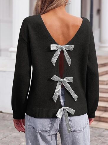 Saodimallsu Womens V Neck Long Sleeve Sweater Fall Trendy Sequin Bow Cropped Sexy Loose Knit Pullover Jumper Tops in Saudi Arabia