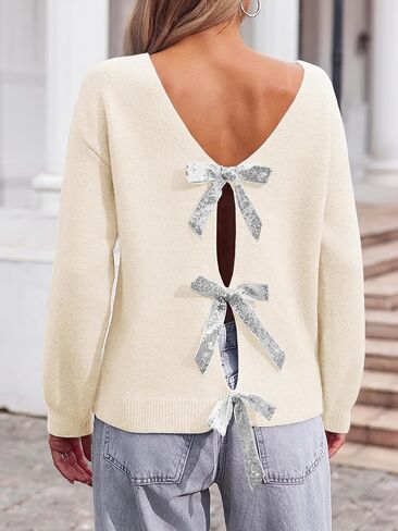 Saodimallsu Womens V Neck Long Sleeve Sweater Fall Trendy Sequin Bow Cropped Sexy Loose Knit Pullover Jumper Tops in Saudi Arabia