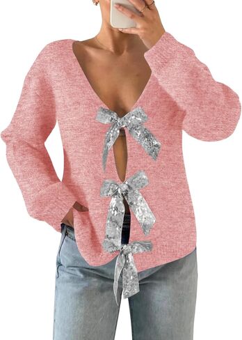 Saodimallsu Womens V Neck Long Sleeve Sweater Fall Trendy Sequin Bow Cropped Sexy Loose Knit Pullover Jumper Tops in Saudi Arabia