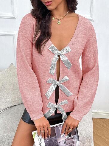 Saodimallsu Womens V Neck Long Sleeve Sweater Fall Trendy Sequin Bow Cropped Sexy Loose Knit Pullover Jumper Tops in Saudi Arabia