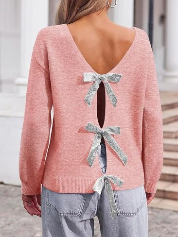Saodimallsu Womens V Neck Long Sleeve Sweater Fall Trendy Sequin Bow Cropped Sexy Loose Knit Pullover Jumper Tops in Saudi Arabia