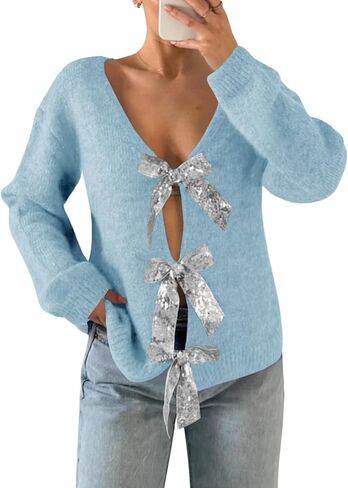 Saodimallsu Womens V Neck Long Sleeve Sweater Fall Trendy Sequin Bow Cropped Sexy Loose Knit Pullover Jumper Tops in Saudi Arabia