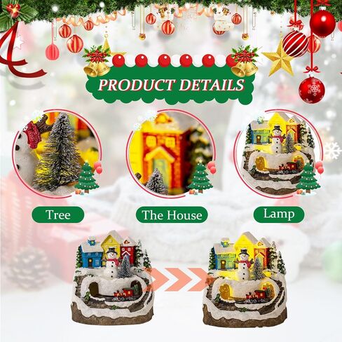 Longzhuo Christmas Village House Made of Resin, Christmas Snow House Electric Musical Light Up House with Spinning Train & 8 Music & LED Light for Christmas Decorations Indoor (Snowman) in Saudi Arabia