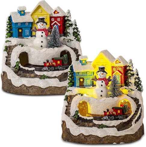 Longzhuo Christmas Village House Made of Resin, Christmas Snow House Electric Musical Light Up House with Spinning Train & 8 Music & LED Light for Christmas Decorations Indoor (Snowman) in Saudi Arabia