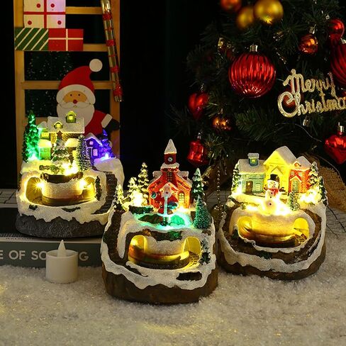 Longzhuo Christmas Village House Made of Resin, Christmas Snow House Electric Musical Light Up House with Spinning Train & 8 Music & LED Light for Christmas Decorations Indoor (Snowman) in Saudi Arabia