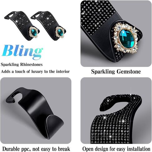 4pack Bling Car Purse Hooks Car Organizer Back Seat Headrest Hooks Car Purse Holder Front Seat Rhinestones Black Car Accessories Decorations Interior for Women in Kuwait