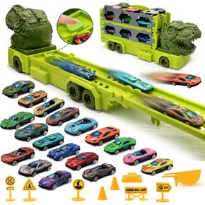 Dinosaur Toy Truck for Kids 3-5 with 18 Themed Cars, Toddlers Toy Car with 2 Player Race Track (5.5ft Foldable), Kids Easter Birthday Toys Vehicle (T-rex)