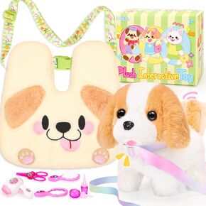 Plush Dog Toys for Kids with Crossbody Bags, Puppy Robot Dog with Leash Walking Barking Tail Wagging, Pretend Play Pet Care Cute Stuff Electronic Interactive Toddler Toys Birthday Gifts