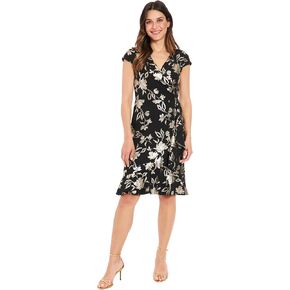 London Times Women's Pleated Surplus Cascade Flounce Dress