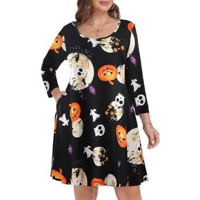 MONNURO Women's Plus Size Fall Dresses 3/4 Sleeve Casual Loose Fit Swing T-Shirt Dress with Pockets