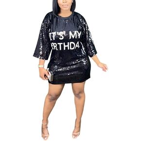 Its My Birthday Sequin Dress for Women Sparkly Letter Graphic Print Glitter Mini Dress
