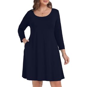 MONNURO Women's Plus Size Fall Dresses 3/4 Sleeve Casual Loose Fit Swing T-Shirt Dress with Pockets