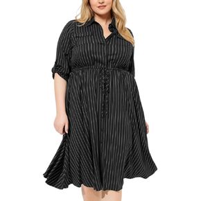 Theenkoln Womens Plus Size Button Dress Collared V Neck 3/4 Sleeve Striped Casual Drawstring Midi Fall Dresses with Pocket