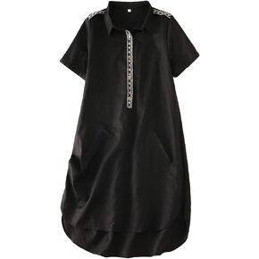 Minibee Women's Linen Dress Summer Casual Boho Sundress Short Sleeve Loose Tunic Dresses with Pocket
