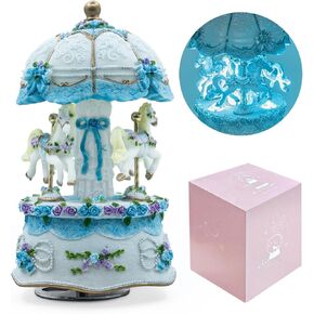 Carousel Music Box，Luxury Color Change LED Light Music Box,Luminous Rotating 3-Horse Musical Box Box for Girls Birthday Valentine Gift (You are My Sunshine, Blue)