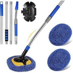 66'' Car Wash Brush with Long Handle & 15° Labor-Saving Elbow Extension Stainless Steel Pole, Chenille Microfiber Soft Car Wash Mop Cleaning Tool Kit & Replacement Head for Clean RV SUV Truck House