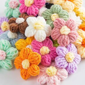Ewanda store 100Pcs Crochet Flowers Puff Flowers Knitted Yarn Flowers Handmade Crochet Flowers for Crafts Embellishments DIY Hair Headbands Hats Clothing Accessories