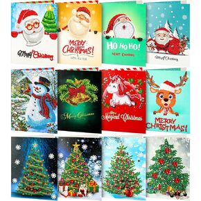 12 Pieces Diamond Christmas Cards by Number 5D DIY Diamond Greeting Card Christmas Painting Kit Round Drill Christmas Painting Art for Adults Holiday Friends Family(Cute)