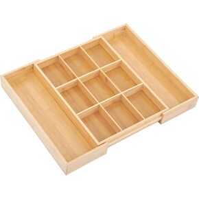 Noa Store Adjustable Wooden Divider Tray for Jewelry or Kitchen Utensils - H2xL15xW10 inches - Large Expandable Storage Organizer - Flatware Organizer for Drawer - 1 Pack, White
