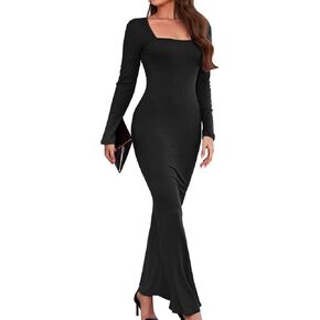Women's 2024 Fall Dresses Square Neck Long Sleeve Ribbed Knit Elegant Evening Party Casual Bodycon Long Maxi Dress