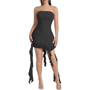 SHESEEWORLD Women's Sexy Y2k Tassel Tube Top Short Dress Ruffle Sleeveless Off Shoulder Bodycon Mini Party Dress