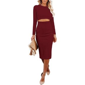 AUSELILY Womens Long Sleeve Bodycon Dresses Crew Neck Cutout Midi Dress Casual Ribbed Knit Dress