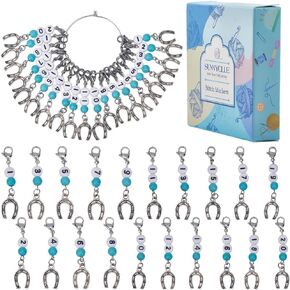 SUNNYCLUE 20Pcs Knitting Markers Charms 1~20 Number Stitch Marker Synthetic Turquoise Beaded with Alloy Horseshoe Charm Lobster Clasp Locking Crochet Marker for Crocheting Quilting Jewelry Making