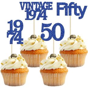 Gyufise 24Pcs Vintage 1974 Cupcake Toppers Cheers to 50 Fabulous Fifty Cupcake Picks 50th Birthday Wedding Anniversary Party Cake Decorations Supplies Deep Blue