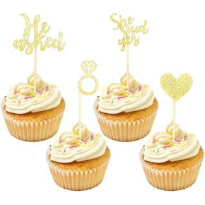 36 Pcs Wedding Cupcake Toppers Engagement Gold He Asked She Said Yes Glitter Love Heart I do Diamond Ring Cupcake Food Picks for Wedding Bridal Shower Cupcake Toppers Party Cake Decorations Supplies