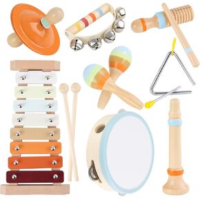 Musical Instruments for Toddlers - Eco-Friendly Wooden Percussion Set with Xylophone, Tambourine, and Maracas in Neutral Colors - Montessori Toys for Perfect Educational Gift for Kids
