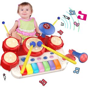 Musical Toys 2 in 1 Baby Piano Set, Musical Instruments for Toddlers 1-3 , Toddler Piano with Toy Percussion Instruments, Baby Birthday Gifts (No Microphones)