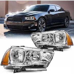 OE Style Headlight Assembly Fits for 2011 2012 2013 2014 Dodge Charger R/T SE SRT8 SXT Plus Persuit Sedan Replacement Headlamp Chrome Housing Amber Reflector Driver and Passenger Side