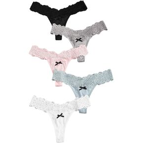 SHENHE Women's 5 Pack Lace Thong Underwear V Waist Low Rise Cheeky Thongs Panties Set
