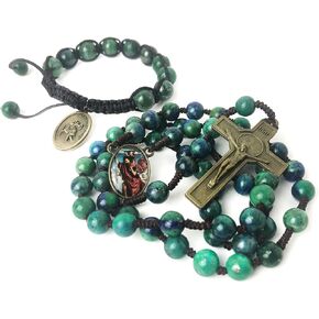 St. Christopher Azurite 8mm Stone Cord Rosary with 10mm Bracelet Set - Catholic Gift
