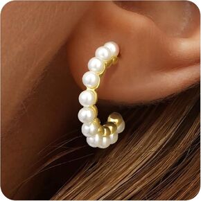MOODEAR Dainty Freshwater Pearl Earrings - Trendy 14k Gold Plated/Silver Small Hoop Dangle Earring for Women Wedding Jewelry