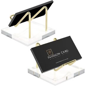 Whaline 2Pcs Acrylic Business Card Holder Clear Plastic Business Card Stand Gold Desk Card Display Organizer for Small Rock Easel Office Tabletop Accessories