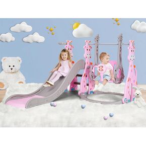 4 in 1 Toddler Slide and Swing Set, Kid Slide for Age 1-3 Indoor Outdoor Baby Slide Playset with Basketball Hoop, Ball, Climber and Swing, Toddler Slide Plastic Slide(Pink)