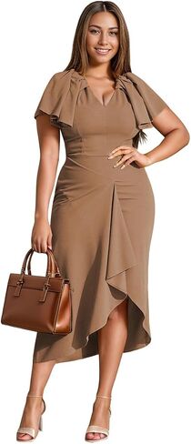 Women's Sexy V Neck Ruffle Ruched Sleeve Split Midi Dress Formal Elegant Party Cocktail Work Dresses in Saudi Arabia