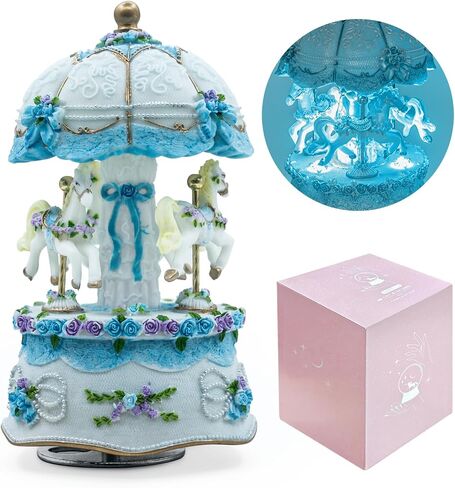 Carousel Music Box，Luxury Color Change LED Light Music Box,Luminous Rotating 3-Horse Musical Box Box for Girls Birthday Valentine Gift (You are My Sunshine, Blue) in Kuwait