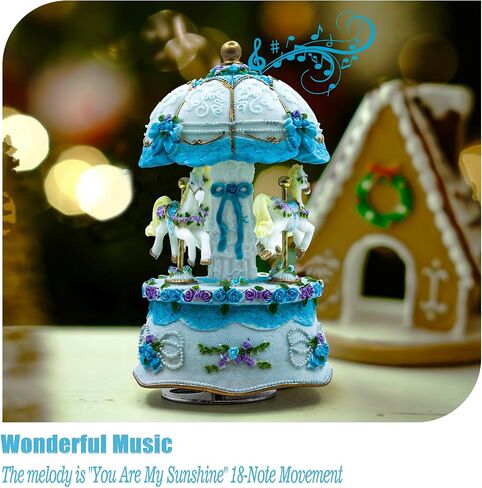 Carousel Music Box，Luxury Color Change LED Light Music Box,Luminous Rotating 3-Horse Musical Box Box for Girls Birthday Valentine Gift (You are My Sunshine, Blue) in Kuwait