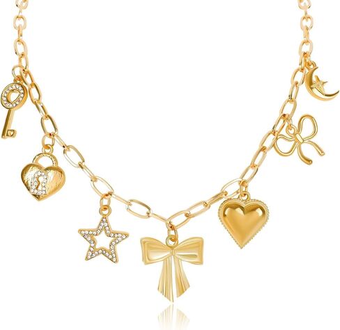 Gold Charm Necklaces for Women, 18K Gold Plated Bow Pendant Necklace Gold Heart Chain Aesthetic Star Jewelry in Saudi Arabia
