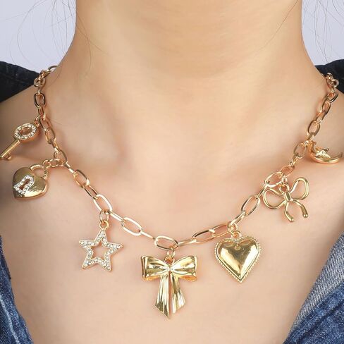 Gold Charm Necklaces for Women, 18K Gold Plated Bow Pendant Necklace Gold Heart Chain Aesthetic Star Jewelry in Saudi Arabia