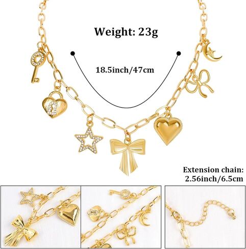 Gold Charm Necklaces for Women, 18K Gold Plated Bow Pendant Necklace Gold Heart Chain Aesthetic Star Jewelry in Saudi Arabia