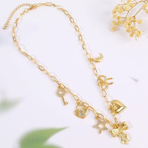 Gold Charm Necklaces for Women, 18K Gold Plated Bow Pendant Necklace Gold Heart Chain Aesthetic Star Jewelry in Saudi Arabia