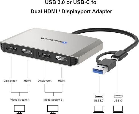 WAVLINK USB 3.0/USB C to DisplayPort and HDMI Adapter, Displaylink Dual 4K@60Hz Monitor Hub for M1/M2 MacBook, Dell HP Surface Lenovo, Compatible with Windows and Mac-Black in Kuwait
