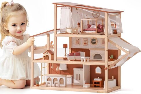 ROBOTIME Wooden Dollhouse, Doll House for Girls – 3-Story Bohemian Style Doll House with 37- Piece Furniture & Awning, Pretend Play Wooden Dollhouse Gift for Kids Ages 3+ in Saudi Arabia