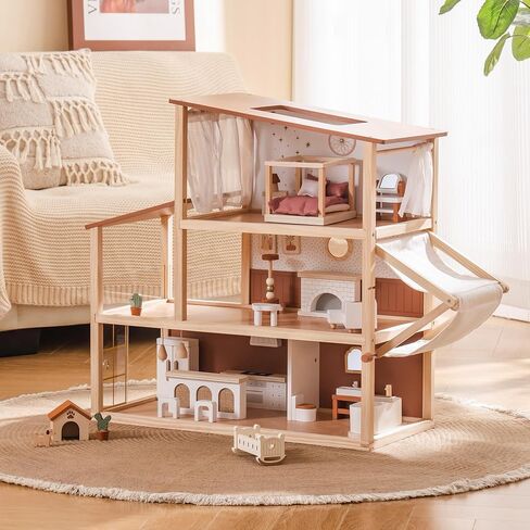ROBOTIME Wooden Dollhouse, Doll House for Girls – 3-Story Bohemian Style Doll House with 37- Piece Furniture & Awning, Pretend Play Wooden Dollhouse Gift for Kids Ages 3+ in Saudi Arabia