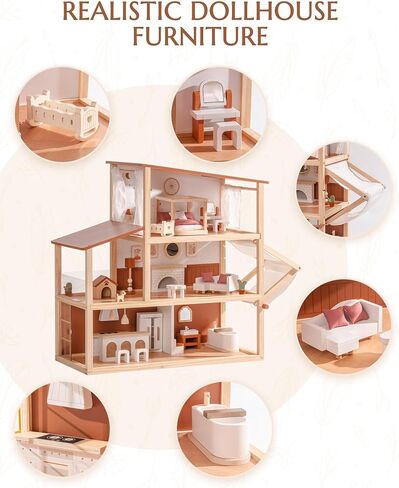 ROBOTIME Wooden Dollhouse, Doll House for Girls – 3-Story Bohemian Style Doll House with 37- Piece Furniture & Awning, Pretend Play Wooden Dollhouse Gift for Kids Ages 3+ in Saudi Arabia