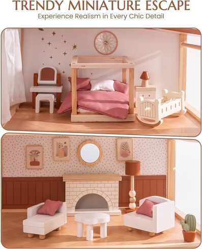 ROBOTIME Wooden Dollhouse, Doll House for Girls – 3-Story Bohemian Style Doll House with 37- Piece Furniture & Awning, Pretend Play Wooden Dollhouse Gift for Kids Ages 3+ in Saudi Arabia